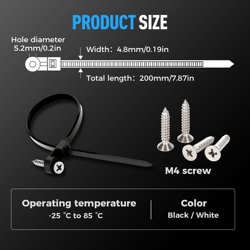 Self-locking Cable Tie with Screw Hole, Heavy Duty Mountable Head Zip Ties for Wire Management, Nylon Electrical Cable Ties, Multipurpose Fastening Straps (100PC Black)