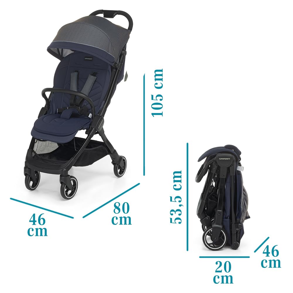 Foppapedretti Poussette légère Ciao, pour enfants de 0 à 22 kg (0 à 4 ans), fermeture à 1 main, autonome, dossier réglable, roues amorties, porte-objets, cadre en aluminium, Sky