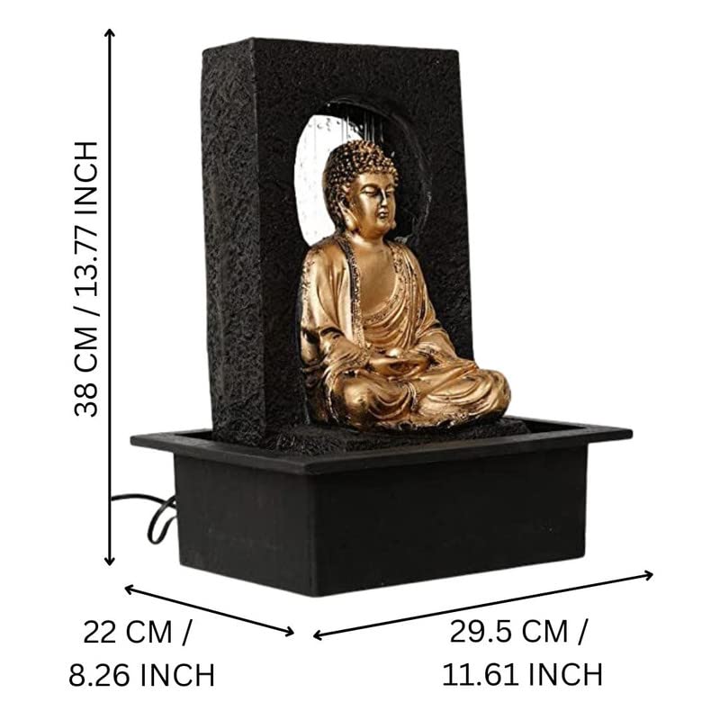 Image of Polyresin Table Top Golden Brown Meditating Buddha Indoor Waterfall Fountain for Home Decor with Yellow LED Lights, Speed Controller Pump (Size: 38 x 22 x 29.5CM | Weight: 2120grm)