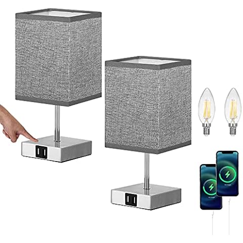 Lightess 2 Pack Bedside Table Lamp Touch Dimmable 2 USB Table Light 3 Level Brightness Bedroom Nightstand Table Light for Living Room Office Hotel Restaurant Inc. 2 Warm White E14 Bulbs - Square Grey Cover