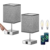 Lightess 2 Piezas Lámpara de Mesa Táctil Control Lámpara Mesita de Noche LED Regulable Beige Pantalla de Tela Lámpara Sobremesa 2 Puertos USB para Dormitorio, Habitación de Bebé, Incluye Bombillas
