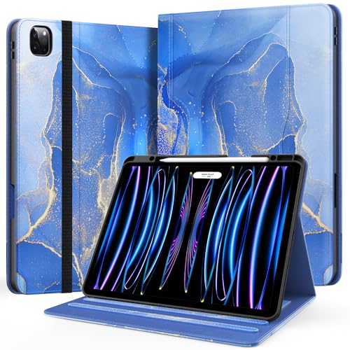 Zonefoker Case for New iPad Pro 12.9 inch 6th/5th/4th/3rd Generation 2022/2021/2020/2018, 12.9'' ipad Pro Leather Protective Cover 6/5/4/3 Gen with Pencil Holder, Auto Wake/Sleep, Marble Gary Blue