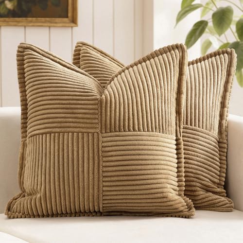 Image of MIULEE Decorative Throw Pillow Covers for Couch Bed Livingroom 18x18 Inch Set of 2 Brown Boho Accent Throw Pllows Broadside Striped Patchwork Soft Corduroy Pillowcases