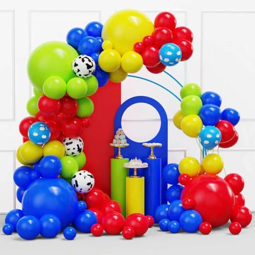 Image of YMSZ Cow Print Balloons Arch Kit, 134pcs Red Blue Yellow Green Balloons with Cow Print Balloons for Boys Girls Birthday Baby Shower Party Decorations