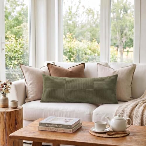 Image of Fancy Homi Set of 2 Olive Green Boho Long Lumbar Body Decorative Throw Pillow Cover 14x36 Inch for Bed Couch Bedroom Bench, Soft Patchwork Corduroy Textured Pillow Case, Rustic Farmhouse Room Decor