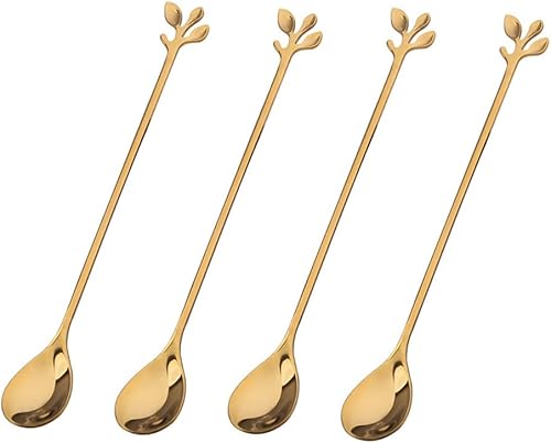 Cucharas de té doradas de mango largo de 7.4 pulgadas, cucharas de café, cucharas de café de acero inoxidable para mezclar batidos y bebidas frías