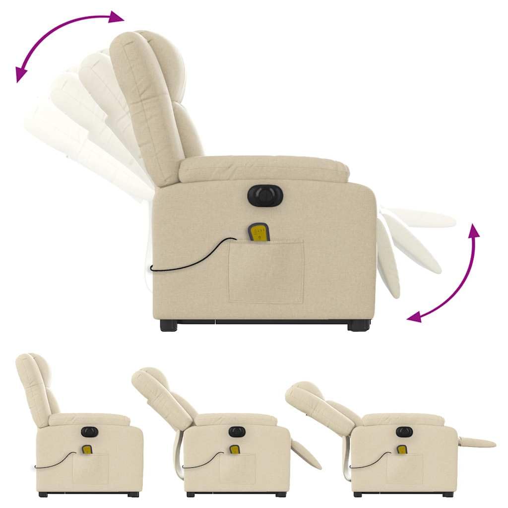 Elektrischer Massagesessel mit Aufstehhilfe und 6-Punkt-Vibrationsmassage, cremefarbener Stoffbezug, verstellbare Rückenlehne und Fußstütze, Stabiler Holz-Metall-Rahmen