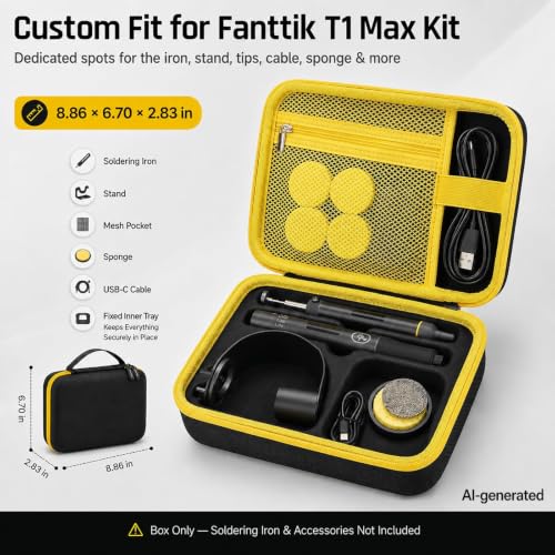 Image of Carrying Case Compatible with Fanttik T1 Max Soldering Iron Kit | EVA Shell with Oxford Exterior, Molded Tray, Mesh Pocket, Dual Zippers and Reinforced Handle for Work,Yellow Pocket,Case Only