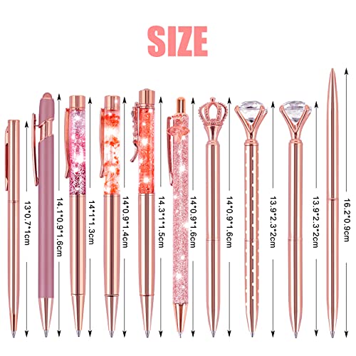Labuk 10Pcs Rose Gold Ballpoint Pen Set, Liquid Sand Glitter Pen Metal Slim Crystal Diamond Crown Pen, Black Ink For Women Office School Gifts Wedding Party Supplies #TOP1