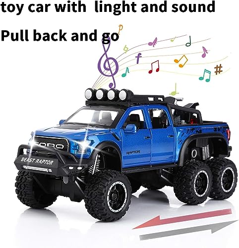 Image of 1:24 Raptor F150 Alloy Metal Diecast Car, Pull Back Toy Car with Openable Doors, Light and Music, Boys Gifts and Toys for Kids (Blue)
