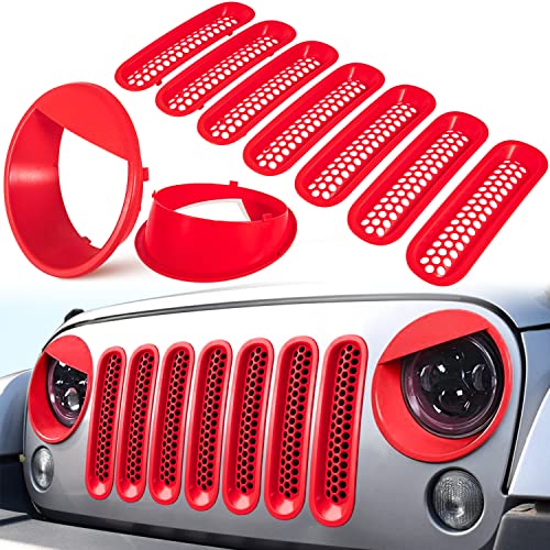 Image of Front Grille Mesh Inserts & Headlight Cover for Jeep Wrangler JK JKU Sport Freedom Rubicon Sahara Unlimited 2007-2018 Exterior Accessories Clip-in Grille Guard Headlight Bezels Trim (Matte Red)
