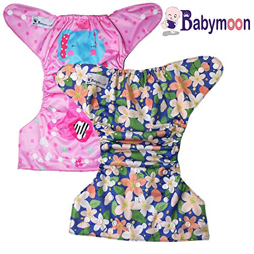 Image of Babymoon (Set of 2) Reusable Cloth Diaper, Premium Adjustable Size Waterproof Washable Pocket Cloth Diaper Nappie (Floral & Elephant)