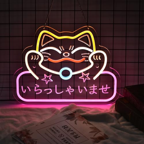 Image of Japanese Welcome Neon Sign Fortune Cat Wall Decor Dimmable Led Neon Lights Japanese Style いらっしゃいませ Neon Billboard for Restaurant Shop Store Window USB Powered 16.1 inch x 12.6 inch
