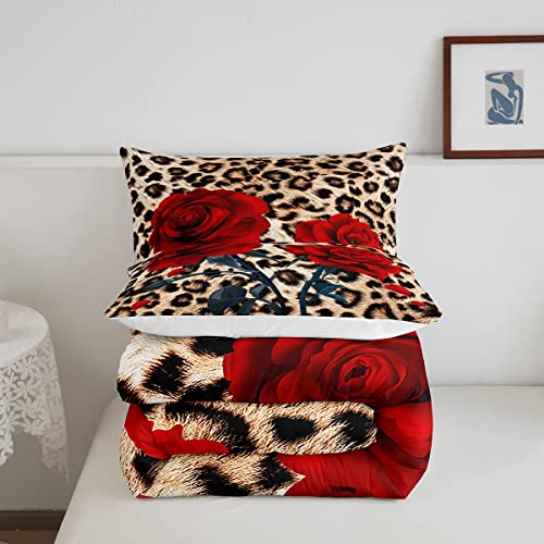 Rose Flower Comforter Set For Teens Adult Women Wedding Gift, Leopard Print Bedding Set Queen Size, Valentine's Day Cheetah Duvet Sets Leopard Animal Skin Down Comforter For Bedroom Decor, Brown #TOP4