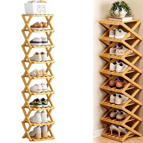 2/3/4/5/6/7/8/9/10 Tier Bamboo Shoe Rack, No-Assembly, Collapsible Foldable Organizer for