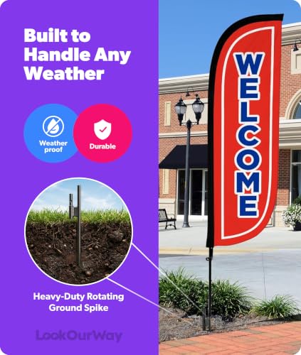 Image of LookOurWay Feather Flag Pole Kit - 7 Feet Tall Advertising Banner with Fiberglass Pole Set and Ground Spike for Business Promotion - Open Flags - Welcome Red & Blue