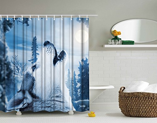 Goodbath Wolf Shower Curtain, Wildlife Animals Waterproof Polyester Fabric Bathroom Bath Curtains, 72 X 72 Inch, White Blue Grey #TOP1