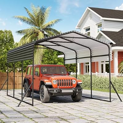 GarveeTech Metal Carport, 10x15 FT Outdoor Carport Canopy with Reinforced Base and Galvanized Steel Roof, Heavy Duty Garage Car Shelter Shade for SUV, Truck, Boats