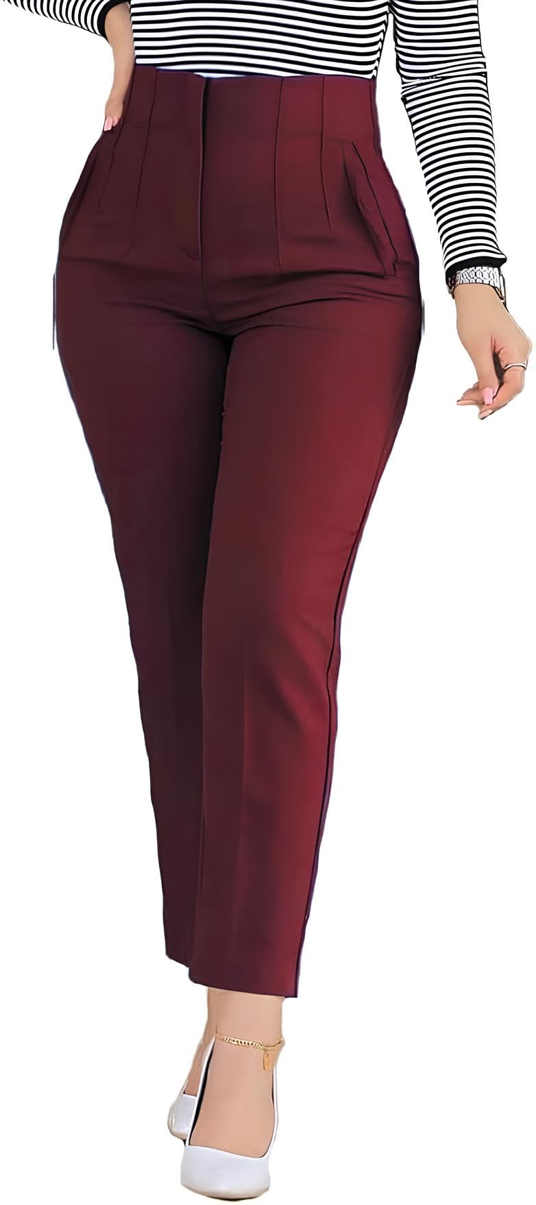 BIRW Womens High Waisted Pants 2025 Trendy Skinny Business Work Casual Pencil Trousers with Pockets Size Medium Wine