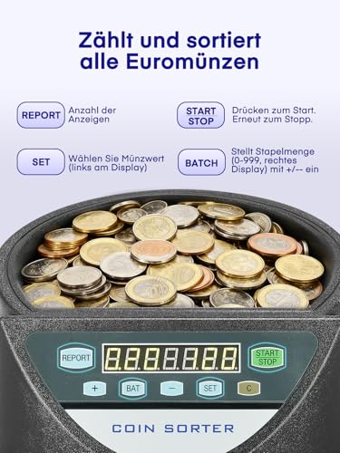 Münzzähler Euro Sortierer, Geldzählmaschine Münzen Sortierer 800 Münzen Kapazität, Münzen Zählmaschine mit 8 Auffangboxen, münzzählmaschine für Schulladenbank, schwarz, U-Bahnen