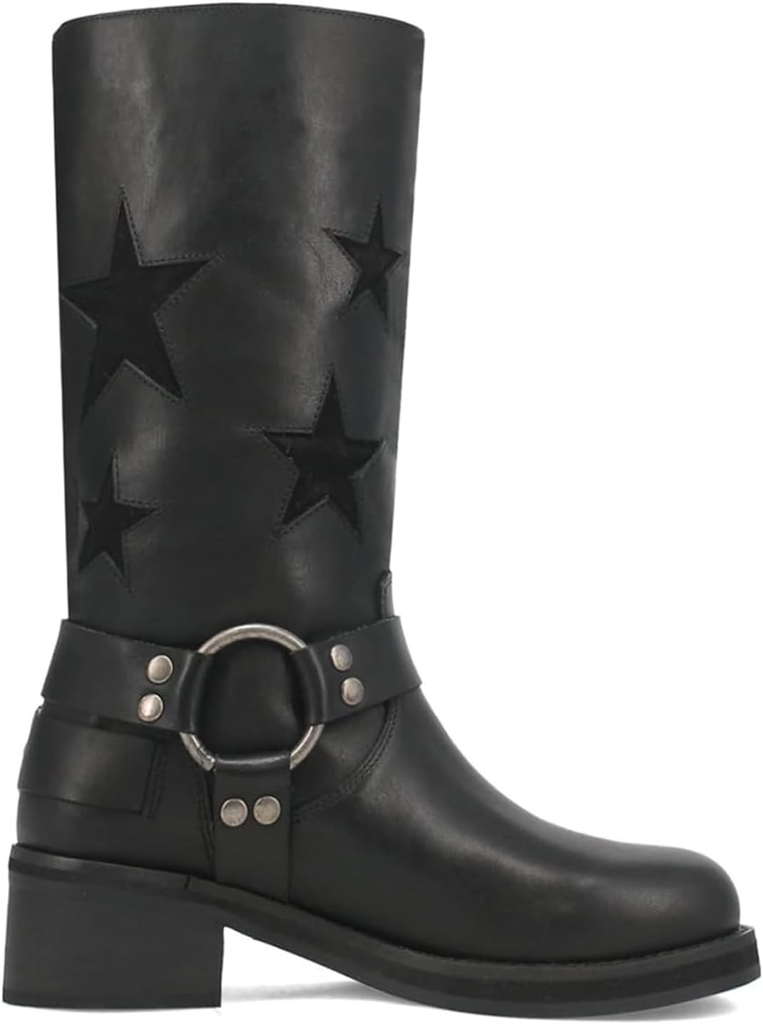 Goolita Women's Buckle Biker Knee High Boots Square Toe Chunky Heel Star Moto Mid Calf Boots Slip On Motorcycle Riding Boot - Image 5