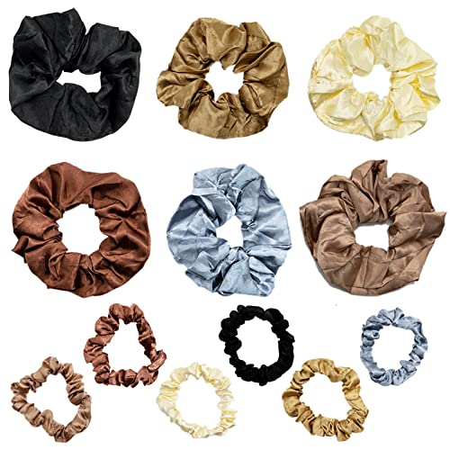 SZXMDKH 12Pcs Hair Scrunchies, Elastic Hair Bands, Set - 6 Small Silk Hair Ties and 6 Large Satin Ponytail Holders, Soft Bobble Scrunchies for Women, Girls, Ladies Hair Accessories