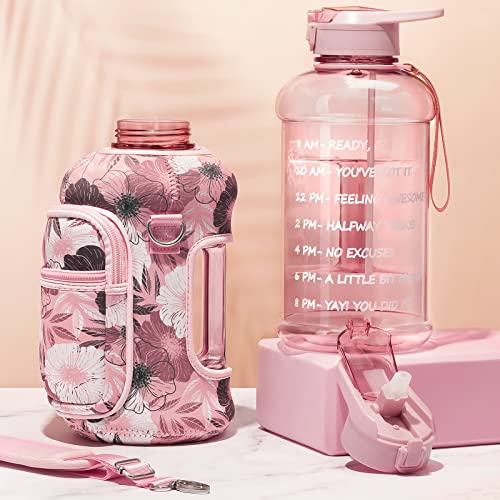 Fimibuke Half Gallon Water Bottle With Sleeve 64 Oz Water Bottle With Handle & Straw Leakproof Motivational Sports Gym Water Bottle With Time Marker Water Jug With Neoprene Holder - Floral Pink #TOP3