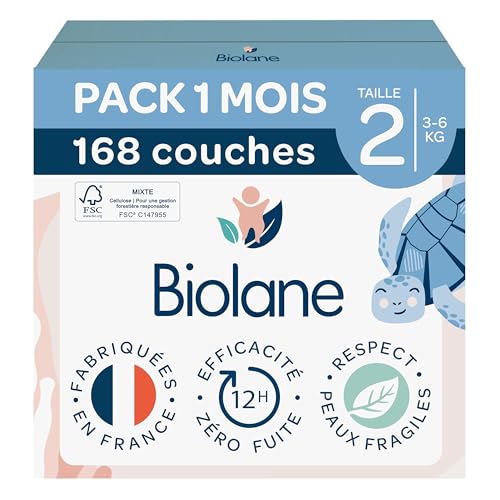 BIOLANE - Couches bébé taille 2 - (3-6 kg) - Peaux Sensibles - Ultra-Absorbant, Pas de Fuite, jusqu'à 12h au Sec - Confort & Protection - Pack 1 mois 168 couches - Fabriqué en France