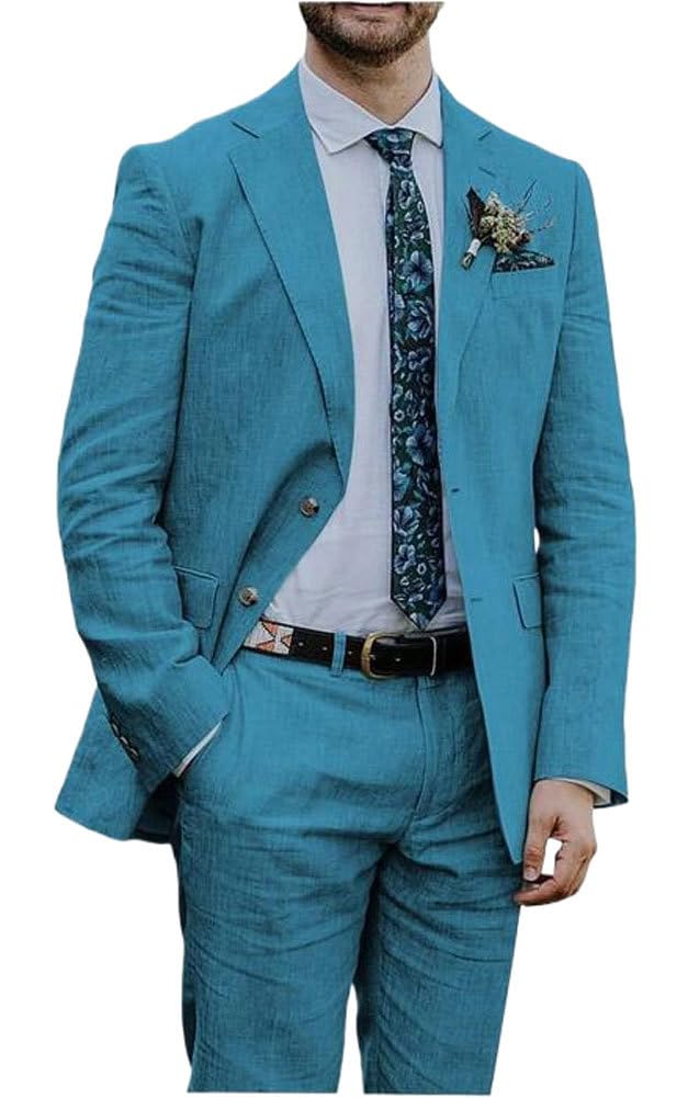 Botong Linen Suit for Men 2 PC Notch Lapel Summer Wedding Tuxedos Lightweight Prom Party Suit Blue 40 Chest / 34 Waist
