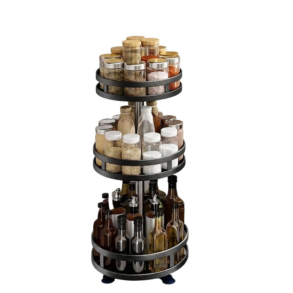 Sterlingedge Black 3-Tier 360° Rotating Spice Rack Rotatable Steel Kitchen Seasoning Organiser Height Adjustable Revolving Spice Turntable For Pantry, Cabinet, Countertop & Bathroom Storage Rack
