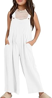 Mono de verano sin mangas para niñas de pierna ancha, mono informal de color liso con bolsillos, mono holgado para niños pequeños y niños, Blanco, 7-8 años
