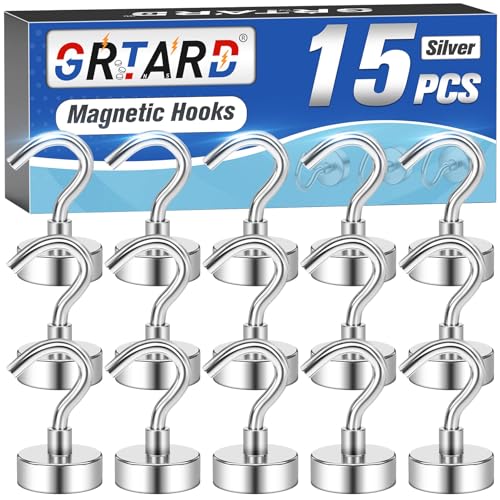 Grtard 15 Pack Magnetic Hooks, 22 lb+ Neodymium Magnet Hook, Magnetic Hooks for Cruise, Strong Magnets with Hook for Fridge, Magnet Holder for Van, Tool, Kitchen, Ceiling, Office