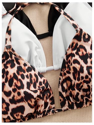SweatyRocks Women's Plus Size s 3 Pack Leopard Print Halter Bikini Top Tie Backless String Swimsuit Tops4
