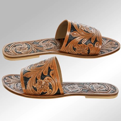 American Darling Adft101 Hand Tooled, Carved Genuine Leather Sandal Footwear Flip Flop | Tooled2