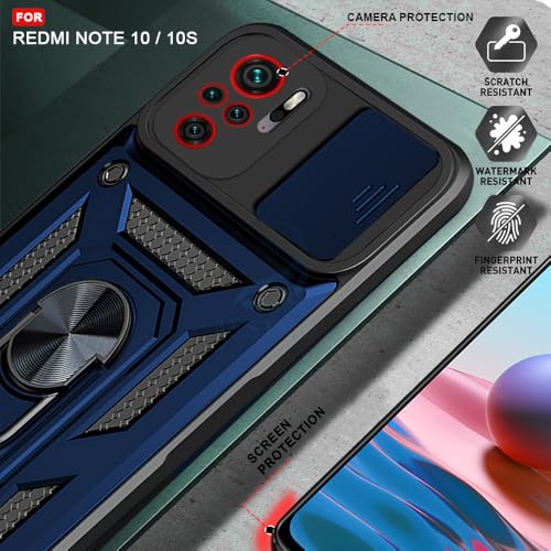 Image of AESTMO Tough Armor Redmi Note 10 / 10S Bumper Back Case Cover | Ring Holder & Sliding Camera Shield Cover | 360 Degree Protection Back Case Cover for Redmi Note 10 / 10S (Blue)