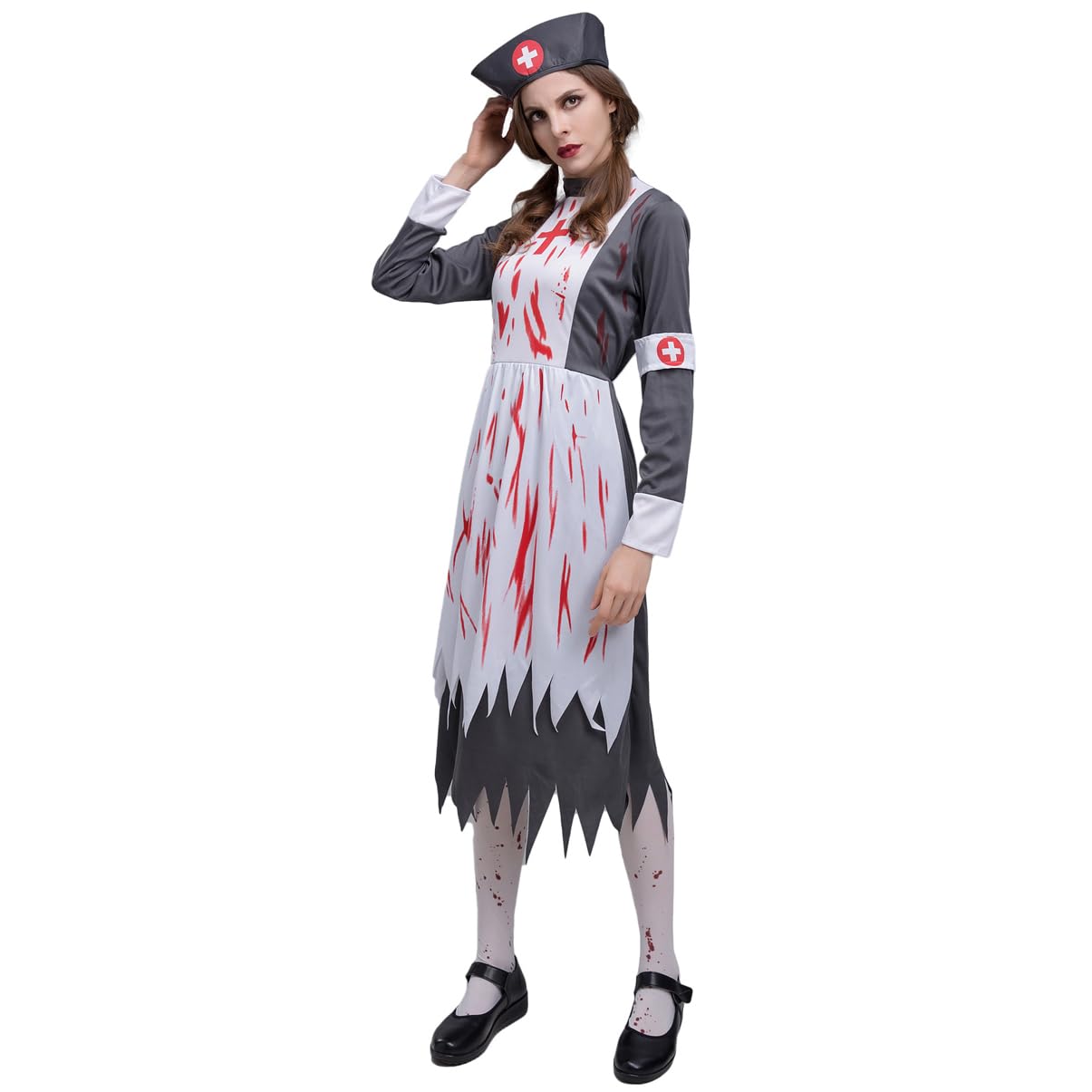 Disfraz De Enfermera con Estampado De Terror De Halloween, Accesorios De Cosplay De Zombi para Adultos