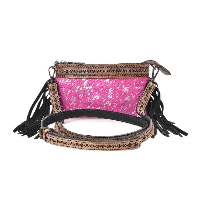 Women's Natural Cowhide Leather Jaguar Printed Small Crossbody Bag Handtooled Leather Strap with Multipocket