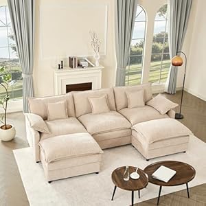 108″ U Shaped Couch, Modular Sectional Sofa, 3-Seater Comfy Cloud Couch with Movable Ottoman, Deep Seat Couches for Living Room, Chenille, Flat White