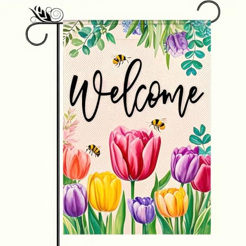 BlissYard Welcome Garden Flag 12x18 Double Sided Small Flags with Tulip and Bees Backdrop for Spring Summer Garden Flags Outside Holiday Seasonal Decor Yard Flags Yard Patio Lawn Decoration
