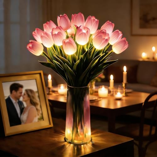 Mfyxde 2026 Radiant Romantic Tulip Light with Vase, LED Tulips Night Lamp, LED Artificial Flowers Ambient Night Lamp,for Home Decor and Wedding Anniversary,Mother's Day (5*Pink Flowers,Without Vase)