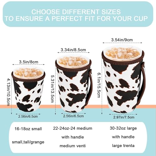Image of KJQJLY 3 Pack Reusable Iced Coffee Sleeves for Iced Coffee Cups or Drinks Reusable Neoprene Insulated Sleeves for Hot and Cold Drinks from Starbucks, Dunkin, And More (Brown cow)