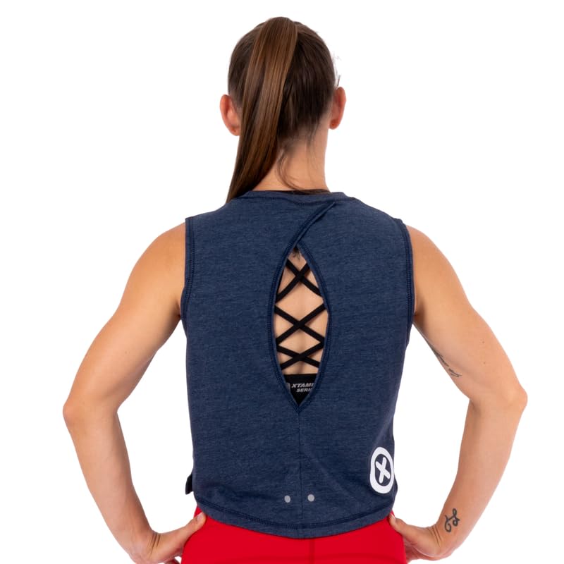 Camiseta sin Mangas Mujer Ecoactive WOD Tank Air Bike Navy/White, Camiseta Deportiva Crop, Tejido Ecoactive, Back Loop, Costuras Planas, para Correr o Cross-Training