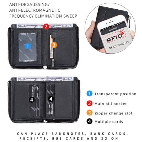 Slim RFID Wallet for Men with Zipper Pocket, Compact Design Leather Zipper Wallet Purse, Small Wallet with Card Slots, Mens Trifold Card Holder Wallet with Clear Photo Position, Brown3