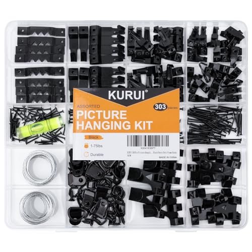KURUI 303Pcs Picture Hangers for Wall Art Decor Tapestry, Picture Hanging Kit With Heavy Duty Wall Hooks, Sawtooth, Picture Wire, D Rings, Hardware Nails, Eye Hooks, Black Frame Hooks for Drywall Wood