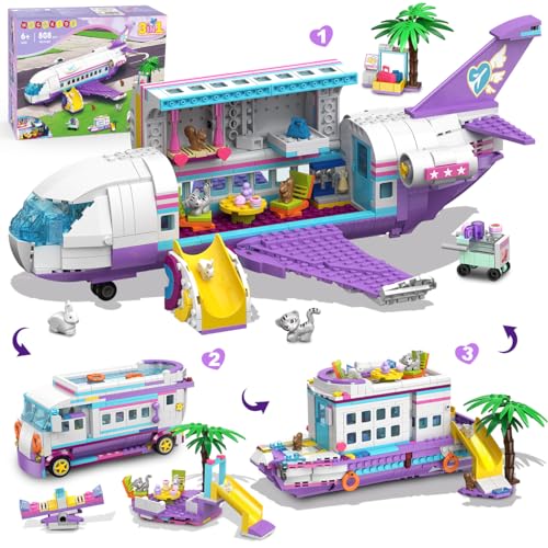 HOGOKIDS - 3 em 1 Friends Conjunto de construção de aeronaves - 808 peças de blocos de construção de avião/barco/cavana com 6 mini-animais, escorrega e autocolantes, presentes para meninos e meninas
