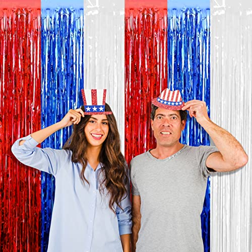 Image of 4 Pack Red Blue White Foil Fringe Curtain Backdrop, 3.28Ft x 8.2Ft Metallic Tinsel Foil Fringe Streamers Curtains for Photo Booth, Wedding, Mardi Gras, Birthday, Independence Day Party Decoration