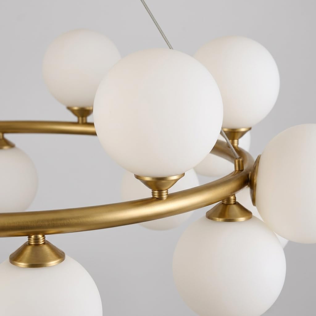 Lampadario Moderno 18 Luci a Sfere G9 Ø96cm Oro Ottone | Design Circolare Luxury con Sfere Opaline Ø13cm | Lampadario a Sospensione per Soggiorno Sala da Pranzo Hotel