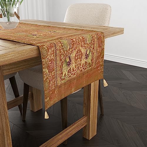 Image of Banarasi Brocade Silk Handmade Table Runner for Dining Table, Centre Table, Coffee Table 70 X 16 in Table Top Table Cloth Room Decor Runner (Mustard Yellow)