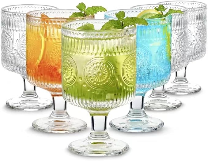 BGTTI 6 Packs Vintage Goblet Glasses, Handcrafted Art Deco Crystal Goblets, Drinking Goblets, Bar Tumbler Glassware for Iced Tea, Wine, Beer, Juice, Cocktail, Whiskey, 8.5 oz Wine Glasses