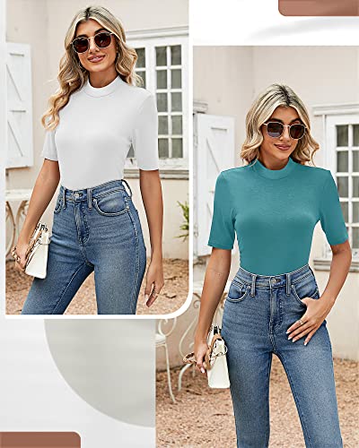Ficerd 2 Pack Women's Tops Dressy Casual, Mock Neck Tops Half Short Sleeve Turtleneck Stretch Fitting Blouse For Women (White/Turquoise, X-Large) #TOP4